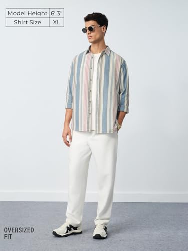 The Souled Store Cotton Linen Stripes: Marine Men and Boys Long Sleeves Collared Neck Button Front Regular Fit Lightweight Breathable Casual Cotton Linen Shirts Cream