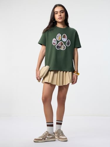 The Souled Store Pets On Prints: Women and Girls Short Sleeves Round Neck Dark Green Graphic Printed Cotton Lightweight Everyday Streetwear Oversized T-Shirt