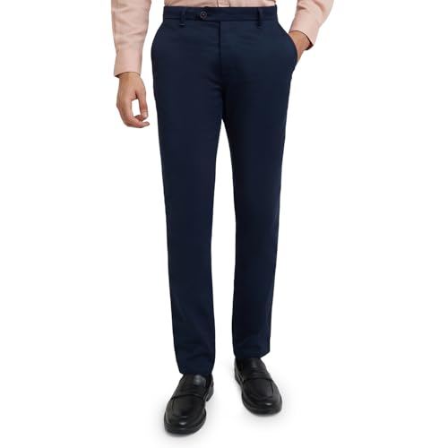Raymond Men's Contemporary Fit Pure Cotton Structure Pattern Dark Blue Flat Front Casual Trouser