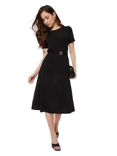 Max Women Textured A-line Belted Dress (Black_S)