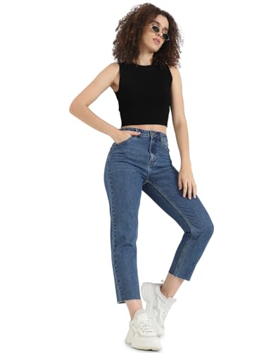 ONLY Women Solid Cotton Straight Fit Mid Rise Blue Jeans