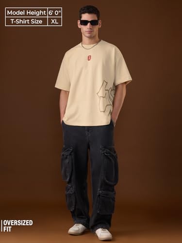 The Souled Store Ukiyo: Skater Men and Boys Short Sleeves Round Neck Beige Graphic Printed Lightweight Streetwear Oversized T-Shirt