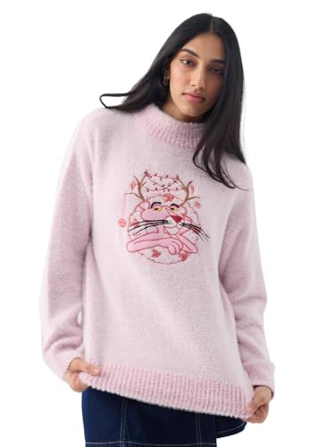 The Souled Store Pink Panther: Christmas Women and Girls Full Sleeves Mock Neck Light Pink Embroidered Animal Graphic Nylon Acrylic Blend Oversized Fit Casual Pullover Sweater