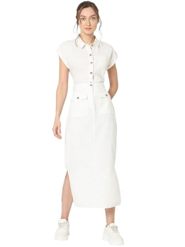 VERO MODA Women Solid White Linen Midi Length High-Rise A-Line Skirt