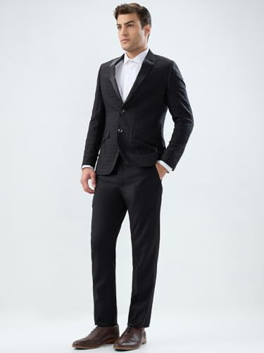 Park Avenue Men Super Slim Fit Jacquard Pattern Terry Rayon Blend Peak Lapel Full Sleeve Ceremonial Suit Black