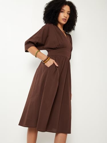 Max Women Textured A-line Midi Dress (Brown_XS)