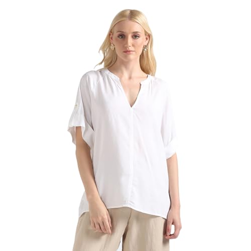Tommy Hilfiger White Solid V Neck Short Sleeves Women Top (XL)