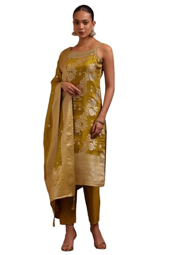 Soch Womens Light Green Brocade Floral Salwar Suit With Cutwork And Mirror