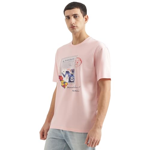 UNITED COLORS OF BENETTON Boxy Fit Round Neck Printed T-Shirt (Size: XL)-25P3099J3420I902 Pink