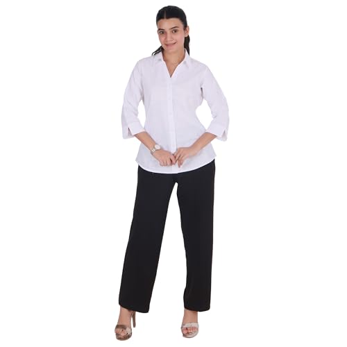 QUEEN SHIELD Women’s Linen Shirt with 3/4 Sleeves – V-Neck Button Down Casual Regualr Fit Top, Soft & Breathable Fabric White