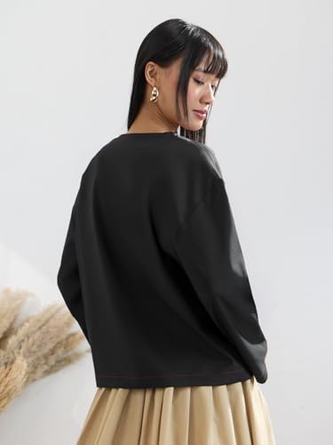 The Souled Store Tie-Up Shirt: Koi Women and Girls Full Length V-Neck Black Embroidered Polyester Oversized Fit Wrinkle-Free Lightweight All-Season Comfortable Everyday Oversized Shirt