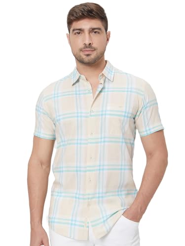 MUFTI Men Casual Shirt | Slim Fit Half Sleeve Point Collar Checked Pattern | 100% Cotton Breathable Fabric, Weekend Outings & Relaxed Style| Beige 6XL