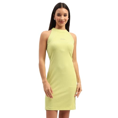 Madame Typography Printed Back Zip Neon Green Bodycon Dress