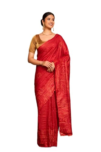 Taneira Women Red Batik Pure Tussar Silk Bengal Saree with Unstitched Blouse Piece (SAIH01AC2160-Red)