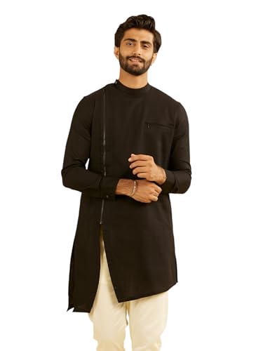 Manyavar Men's Cotton Asymmetric Mid Length Kurta(Black,XXXL)
