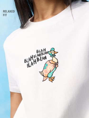 The Souled Store Blah Women and Girls Short Sleeves Round Neck White Embroidered Cotton Relaxed Fit Breathable Lightweight Everyday All-Season Streetwear Comfortable T-Shirt