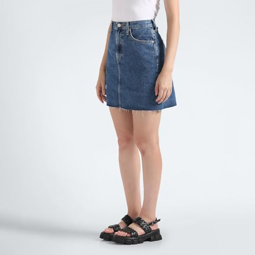 Tommy Hilfiger Cotton Blue Solid Women Denim Mini Skirt (XL)
