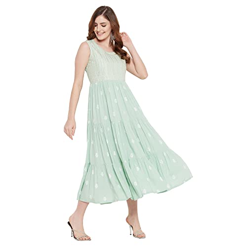 Rangavali Stylish Sea Green Festive Tiered Anarkali Dress for Women | Western A-Line Maxi Sleeveless Long Gown for Womens | Fusion Dresses for Ladies | 1 Pcs Dress | M, 34