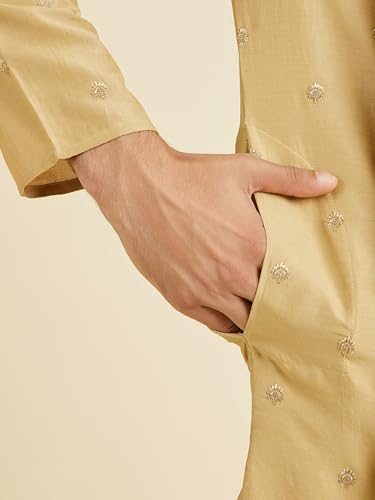 Manyavar Men's Art Silk Zip-Style Neck Kurta Set with Dupatta (Fawn,XL)