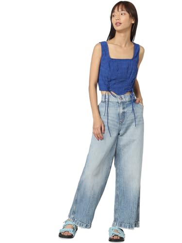 ONLY Women Self-Design Polyester Blend Blue Crop Top