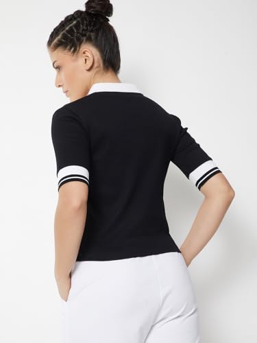 Max Women Ribbed Johnny Collar T-Shirt (Black_XL)