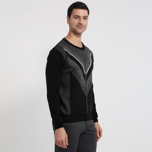Raymond Men Regular Fit Intarsia Pattern Merino Wool Acrylic Blend Full Sleeve Round Neck Casual Sweater Black