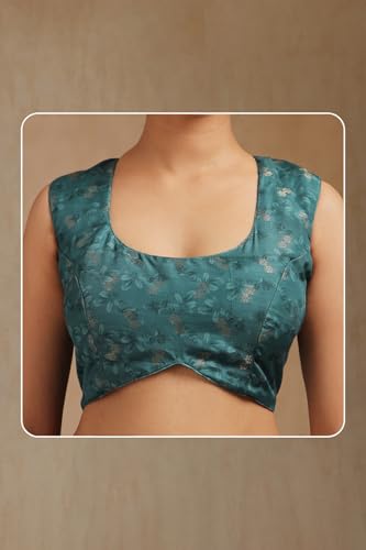 Soch Womens Teal Chanderi Floral Print Saree With Tassels