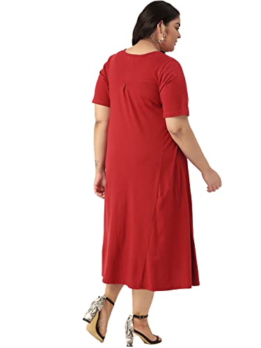 theRebelinme Plus Size Women's 4814DC_Maroon Solid Color V-Neck Cotton A-Line Dress(XXXXXL)