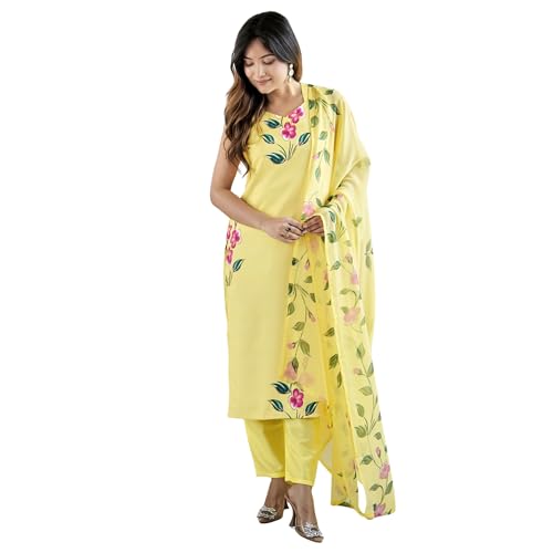 AVYUKTHA | Women Floral Embroidered Kurta with Pyjamas & Dupatta | Thread Work Ethnic Kurta Set for Women | Festive & Daily | Yellow Color| Size- XL
