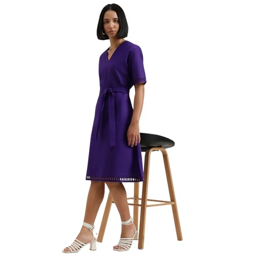 United Colors of Benetton Regular Fit V-Neck Self Design Dress (Size : M) - 26P4WVNDR307IV19 Purple
