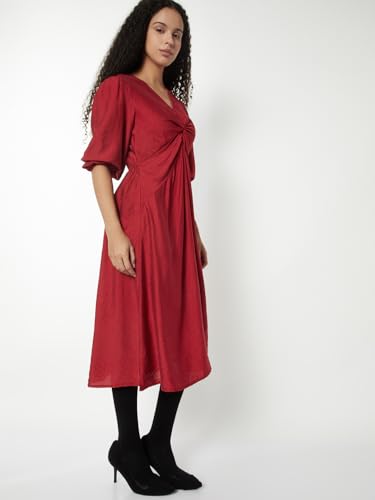 Max Women Solid Twisted A-line Midi Dress(Red_XL)
