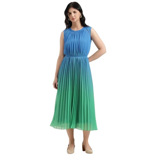 United Colors of Benetton Regular Fit Round Neck Ombre Pleated Dress (Size : M) - 26P4WVNDR328I902 Blue