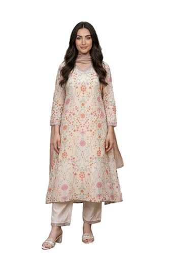 W for Woman Cream Floral Printed Tissue A Line Kurta with Straight Pant and Dupatta Set - (WS13090-126486-M)