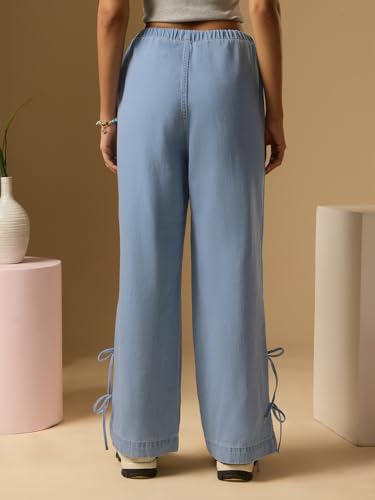 The Souled Store Pull-On Denim: Rosette Women and Girls Drawstring Waist Light Blue Washed Cotton Denim Wide Fit Breathable Side Slits Lightweight Comfortable All-Season Everyday Denim Jeans