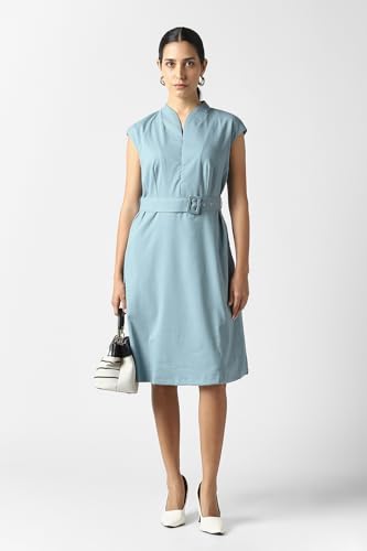 Women Light Blue Check Knee Length Formal Dress
