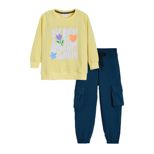 Hopscotch Girls Yellow Full Sleeves 2-Pc Typographic Cargo Jogger Set For Age (5-6 Years)