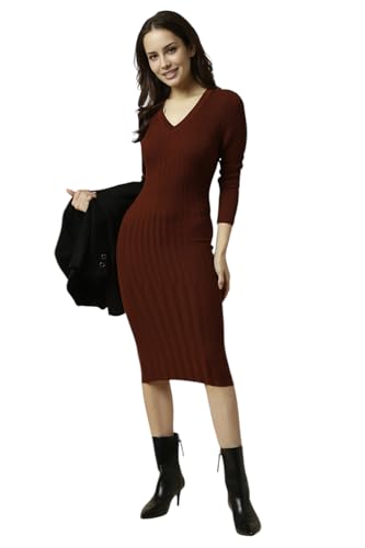 Allen Solly Women's Viscose Modern Calf Length Dress (AHFDWRGHO76981_Brown