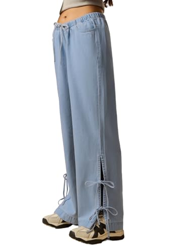 The Souled Store Pull-On Denim: Rosette Women and Girls Drawstring Waist Light Blue Washed Cotton Denim Wide Fit Breathable Side Slits Lightweight Comfortable All-Season Everyday Denim Jeans