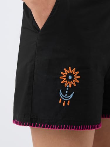 The Souled Store Cotton Linen Shorts: Black Women and Girls Mid Rise Flat Front Waistband Embroidered Regular Fit Contrast Stitch Detail Cotton Linen Shorts