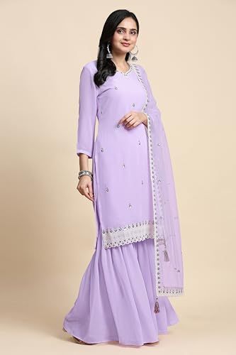 TRENDMALLS Women's Georgette Embroidery Sequins Work Kurta Sharara Set with Dupatta (G251-LightPurple-XXL)