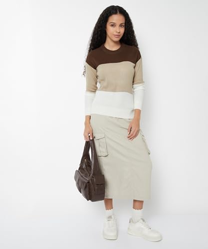 Max Women Knit Colourblock Sweater(Brown_XXL)