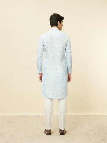 Manyavar Mens Blue Blended Cotton Printed Kurtas