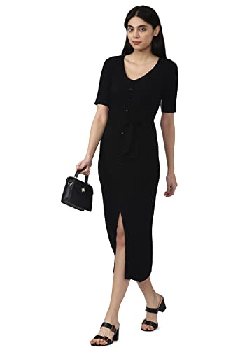 Van Heusen Women's Cotton Classic Calf Length Dress (VWFDFRGFU82233_Black_M)