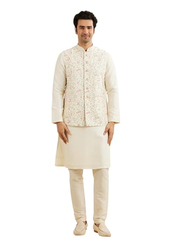 Manyavar Men's Art Silk Floral Embroidery Kurta Jacket Set (Cream,M)