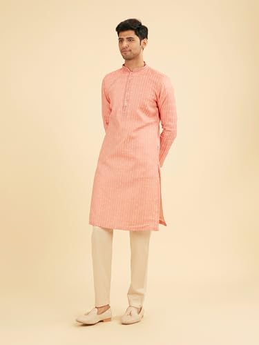 Manyavar Men's Art Silk Sequined Placket Printed Festive Kurta Set (Peach,XXXL)