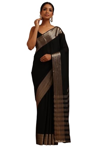Soch Womens Black Georgette Solid Saree With Zari