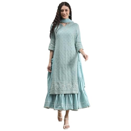 Biba Women's Cotton Blend Embroidered Straight Kurta (SKDMWR10867AW25POBL_Powder Blue
