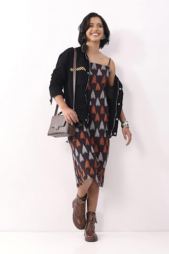 Biba Nxt Women Black Cotton Abstract Printed Strappy Midi Dress_32