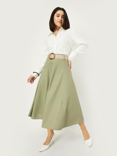 Max Women Solid A-line Belted Skirt (Green_XS)
