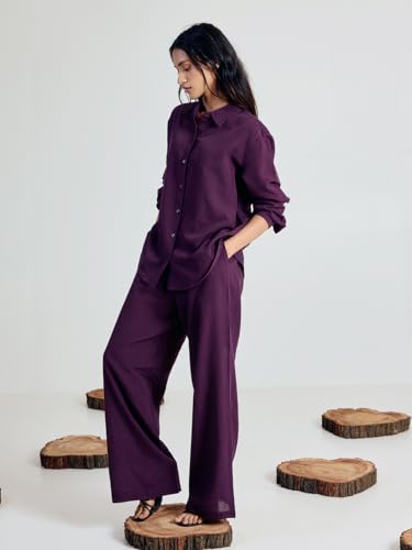 FIORRA Women’s Wine Linen-Blend Loose Relaxed Fit Co-Ord Set SET0215